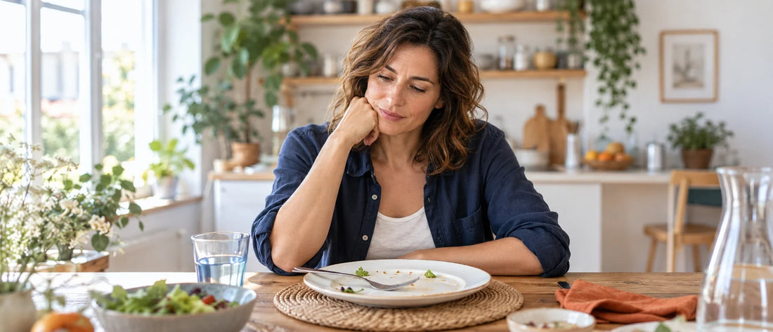 Donna seduta a tavola dopo pranzo, pensierosa davanti al piatto appena finito