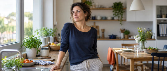 Donna in cucina al tramonto, pensierosa vicino alla finestra, con la tavola apparecchiata per la cena sullo sfondo