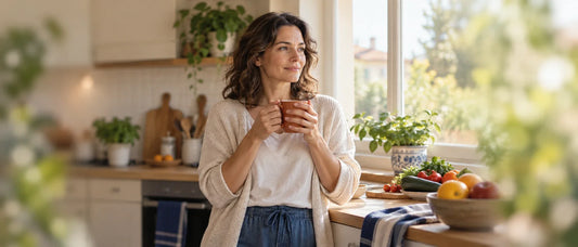 Donna pensierosa nella cucina di casa al mattino, con una tazza tra le mani, accanto alla finestra