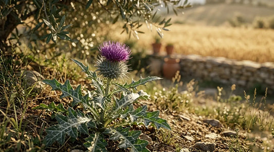 Pianta di cardo mariano selvatico con fiore viola e foglie caratteristiche in un paesaggio collinare italiano, fonte naturale di silimarina per la funzionalità epatica