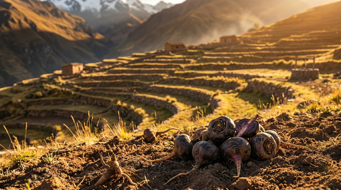 Radici di maca nera peruviana appena raccolte sugli altopiani andini, ingrediente principale della formula tonico-adattogena per la vitalità maschile