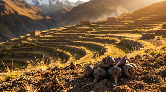 Radici di maca nera peruviana appena raccolte sugli altopiani andini, ingrediente principale della formula tonico-adattogena per la vitalità maschile