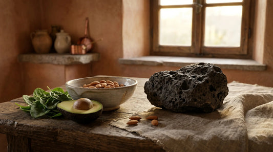 Minerale grezzo e alimenti ricchi di magnesio su tavolo di cucina rustica italiana, guida alla scelta della forma di magnesio più adatta al proprio obiettivo