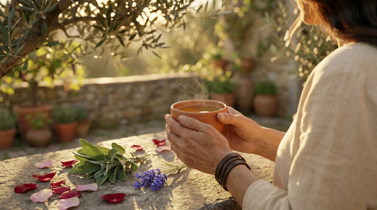Mani femminili con tisana alle erbe in giardino italiano al tramonto, supporto naturale ai sintomi della menopausa con integratori mirati