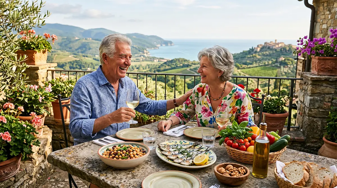 Coppia italiana anziana e vitale a tavola con alimenti mediterranei freschi per una longevità attiva