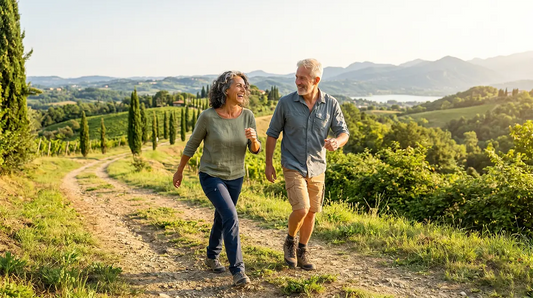 Uomo e donna sulla cinquantina che camminano veloci su un sentiero immerso nel verde