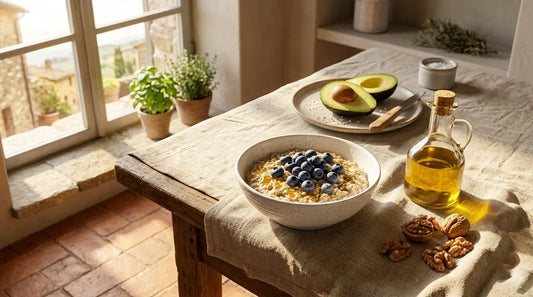 Colazione mediterranea antinfiammatoria con avena, mirtilli, olio extravergine e noci su tavolo italiano al mattino, alimenti chiave per il controllo del colesterolo con la dieta