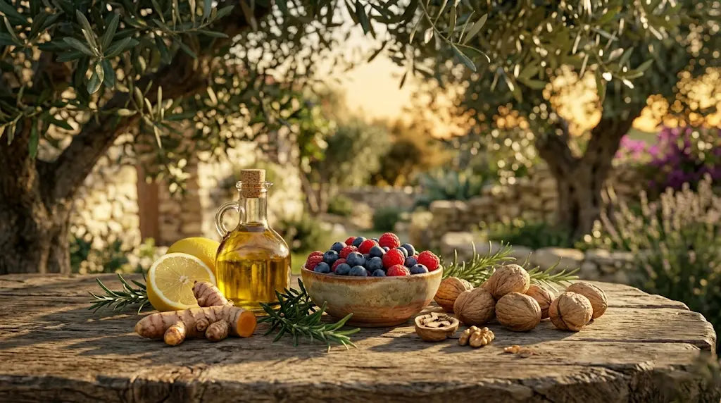 Tavola mediterranea all'aperto con mirtilli, olio extravergine, curcuma fresca e noci, alimenti chiave della dieta antinfiammatoria per ridurre l'infiammazione cronica