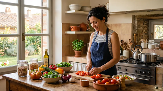 Donna sulla quarantina che cucina con ingredienti freschi in una cucina luminosa