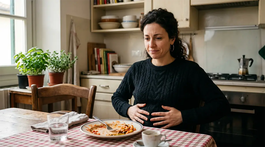 Donna che tiene le mani sull'addome con espressione di disagio dopo un pasto in cucina