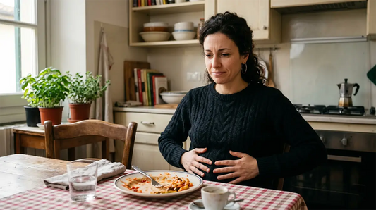 Donna che tiene le mani sull'addome con espressione di disagio dopo un pasto in cucina