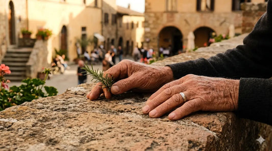 Mani di anziano con rosmarino fresco su muro in pietra toscano, simbolo del rallentamento dell'inflammaging attraverso stile di vita e nutraceutici antinfiammatori