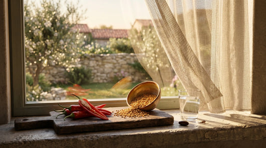 Peperoncino rosso fresco e semi di fieno greco su tagliere di legno, ingredienti naturali del termogenico Capsifen® per il metabolismo