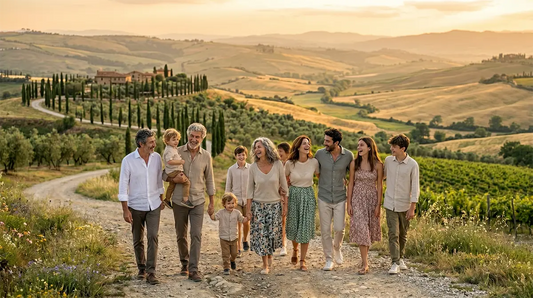 Famiglia intergenerazionale attiva e sorridente in un paesaggio collinare