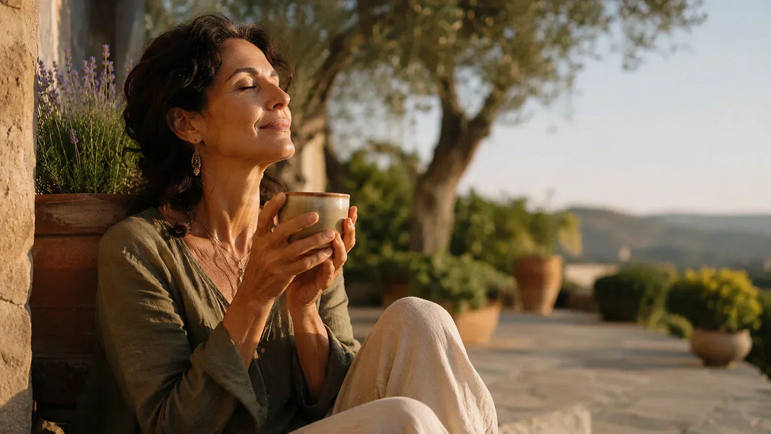 Donna di 50 anni in pausa consapevole su una terrazza soleggiata, longevità e benessere dopo i 40
