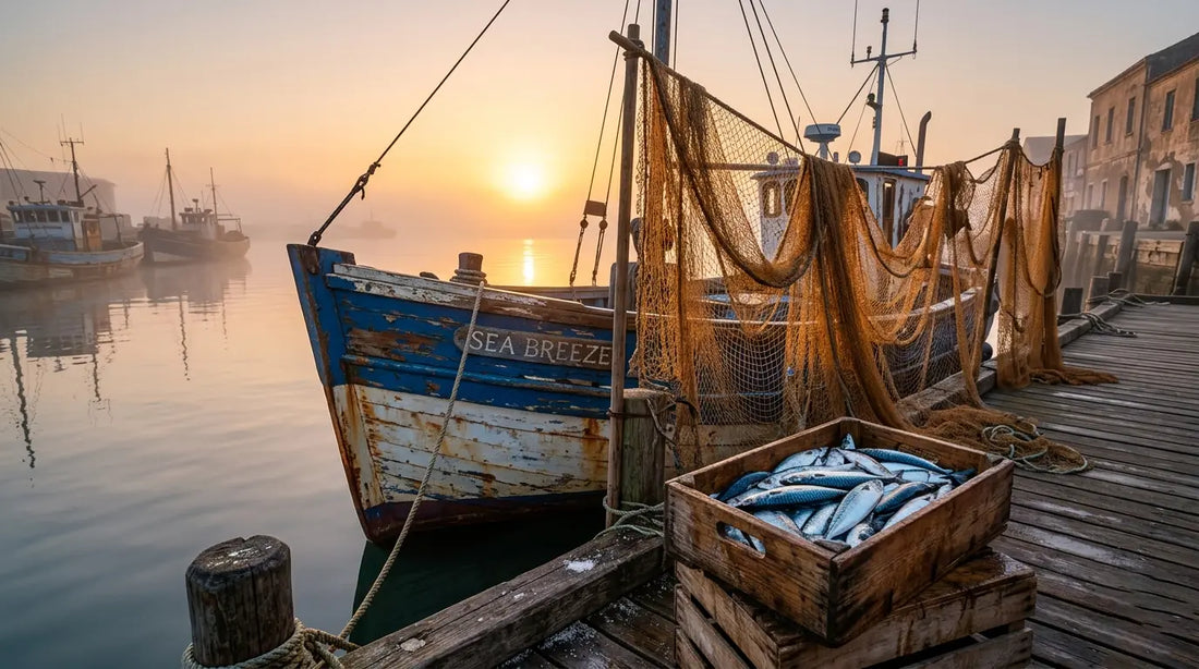 Barca da pesca italiana all'alba con sardine e sgombri freschi sul molo ligure, fonti naturali di omega-3 EPA e DHA per la salute cardiovascolare e antinfiammatoria
