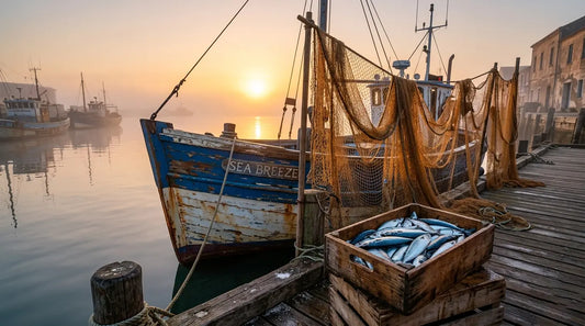 Barca da pesca italiana all'alba con sardine e sgombri freschi sul molo ligure, fonti naturali di omega-3 EPA e DHA per la salute cardiovascolare e antinfiammatoria