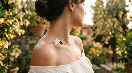 Spalla e collo di donna con pelle luminosa e un fiore di gelsomino in giardino italiano al tramonto, supporto alla pelle e ai capelli in menopausa con collagene VERISOL e biotina