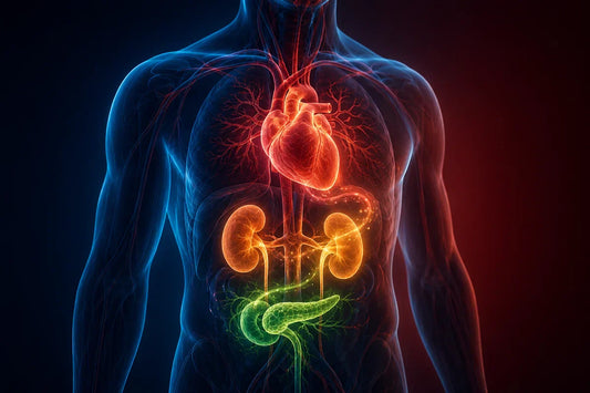 Illustrazione anatomica della sindrome CKM: cuore, reni e metabolismo connessi in un circolo vizioso