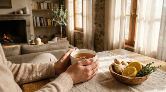 Mani femminili con tazza di tisana calda e ingredienti naturali zenzero limone e timo su tavolino italiano in inverno, supporto al sistema immunitario con nutraceutici documentati