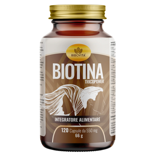 Flacone Biotina TricoPower Ribovita® di Salusfy - 120 capsule da 550 mg per il benessere di capelli e unghie.