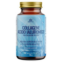 Collagene e Acido Ialuronico della linea Ribovita® prodotta da Salusfy. Integratore anti-aging con collagene VERISOL®. 120 capsule per confezione.