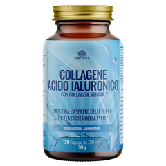 Collagene e Acido Ialuronico della linea Ribovita® prodotta da Salusfy. Integratore anti-aging con collagene VERISOL®. 120 capsule per confezione.