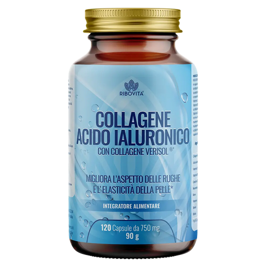 Collagene e Acido Ialuronico della linea Ribovita® prodotta da Salusfy. Integratore anti-aging con collagene VERISOL®. 120 capsule per confezione.