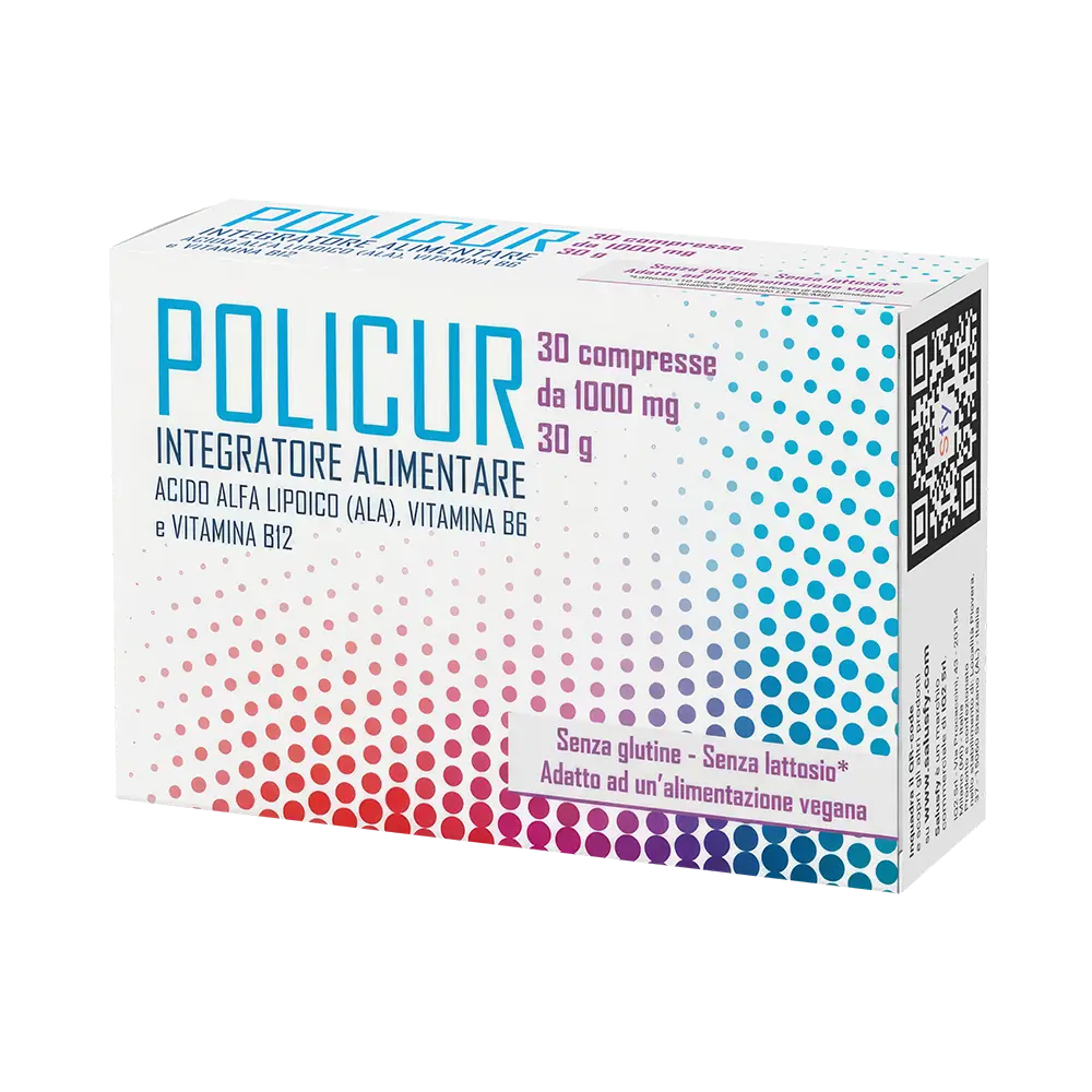 Astuccio POLICUR® Salusfy - Acido Alfa Lipoico 600 mg per compressa con Vitamina B6 e B12. 30 compresse per confezione.