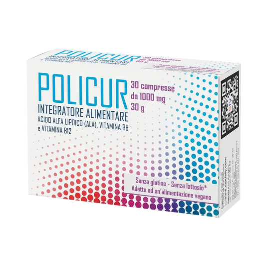 Astuccio POLICUR® Salusfy - Acido Alfa Lipoico 600 mg per compressa con Vitamina B6 e B12. 30 compresse per confezione.
