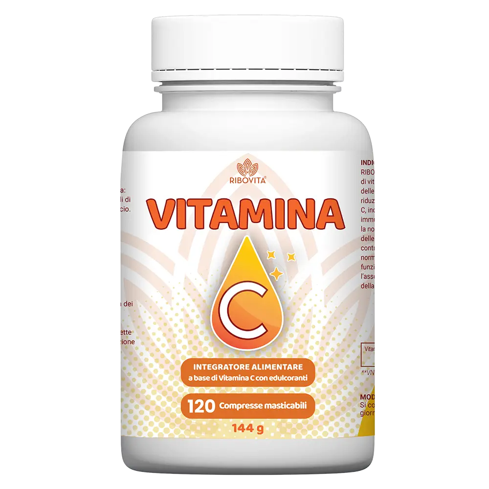 Integratore Vitamina C Ribovita® 120 compresse masticabili 1000 mg con acido L-ascorbico per supporto sistema immunitario e riduzione stanchezza.
