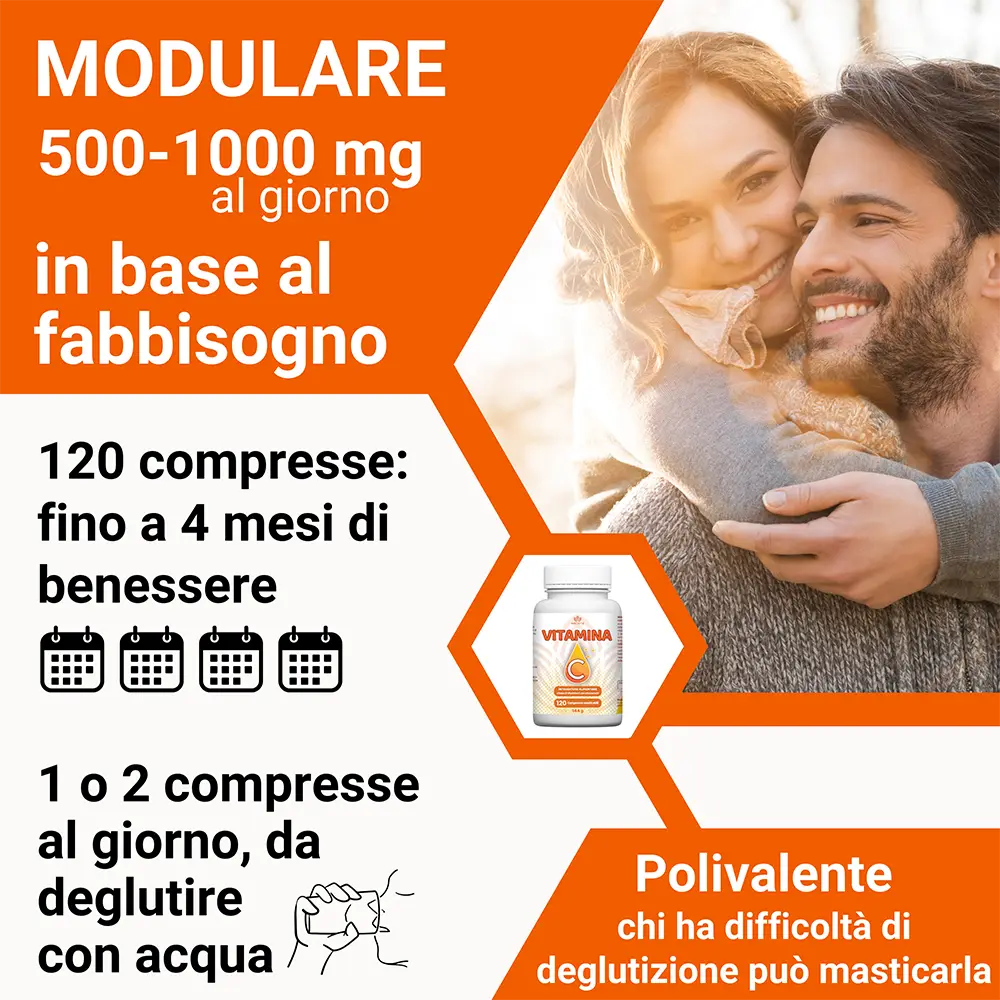 Vitamina C Ribovita® 500-1000 mg al giorno modulabile in base al fabbisogno, 120 compresse fino a 4 mesi di utilizzo, deglutibile o masticabile.