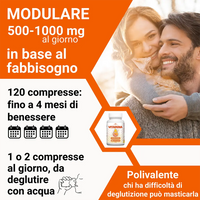 Vitamina C Ribovita® 500-1000 mg al giorno modulabile in base al fabbisogno, 120 compresse fino a 4 mesi di utilizzo, deglutibile o masticabile.